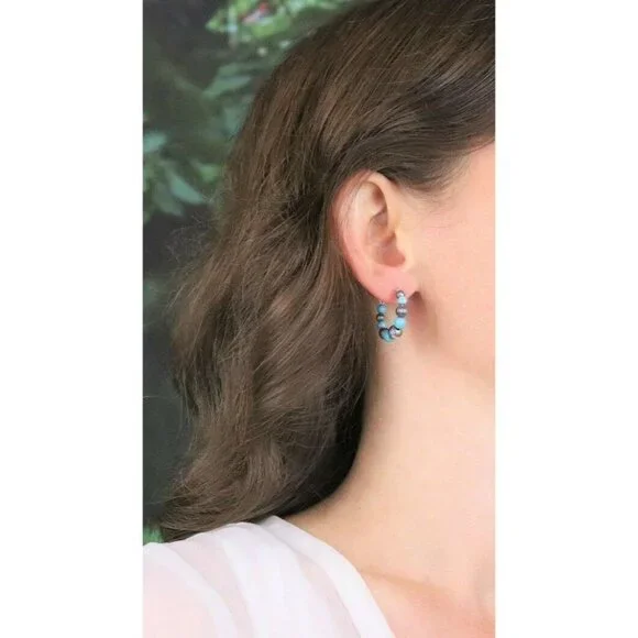 Sterling Silver Created Turquoise Bead Hoop Earrings - Picture 3 of 7